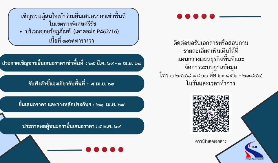 📢 กทพ. เชิญชวนผู้สนใจเข้าร่วมยื่นเสนอราคาเช่าพื้นที่ภายในเขตทางพิเศษศรีรัช บริเวณซอยรัชฏภัณฑ์ (เสาตอม่อ P462/16)
