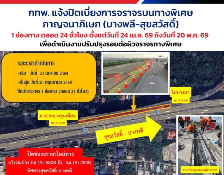 📢 กทพ. แจ้ง ⛔ ปิดเบี่ยงการจราจร 🚧 บนทางพิเศษกาญจนาภิเษก (บางพลี-สุขสวัสดิ์) 1 ช่องทาง 🚗 ตั้งแต่วันที่ 24 เมษายน 2569 ถึงวันที่ 20 พฤษภาคม 2569 ตลอด 24 ชั่วโมง ⚠️