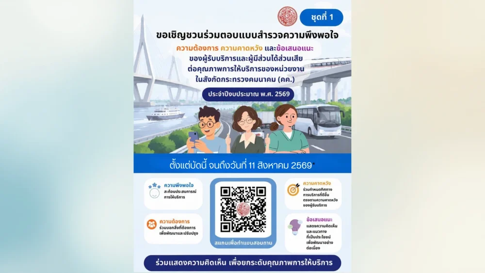 ประชาสัมพันธ์ เชิญร่วมตอบแบบสำรวจความพึงพอใจ ความต้องการ ความคาดหวัง และข้อเสนอแนะ การพัฒนาคุณภาพการให้บริการของหน่วยงานในสังกัดกระทรวงคมนาคม