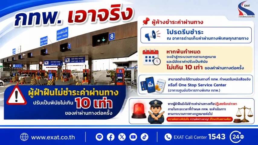 ไม่ชำระค่าผ่านทาง มีความผิด! ปรับเป็นพินัย ไม่เกิน 10 เท่า ของค่าผ่านทางต่อครั้ง