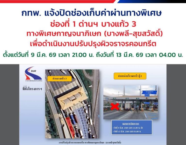 📢 กทพ. แจ้ง ⛔ ปิดช่องเก็บค่าผ่านทางพิเศษด่านบางแก้ว 3 🚧 ทางพิเศษกาญจนาภิเษก (บางพลี-สุขสวัสดิ์) 🚗 ตั้งแต่วันที่ 9 มีนาคม 2569 เวลา 21.00 น. ถึงวันที่ 13 มีนาคม 2569 เวลา 04.00 น. ⚠️